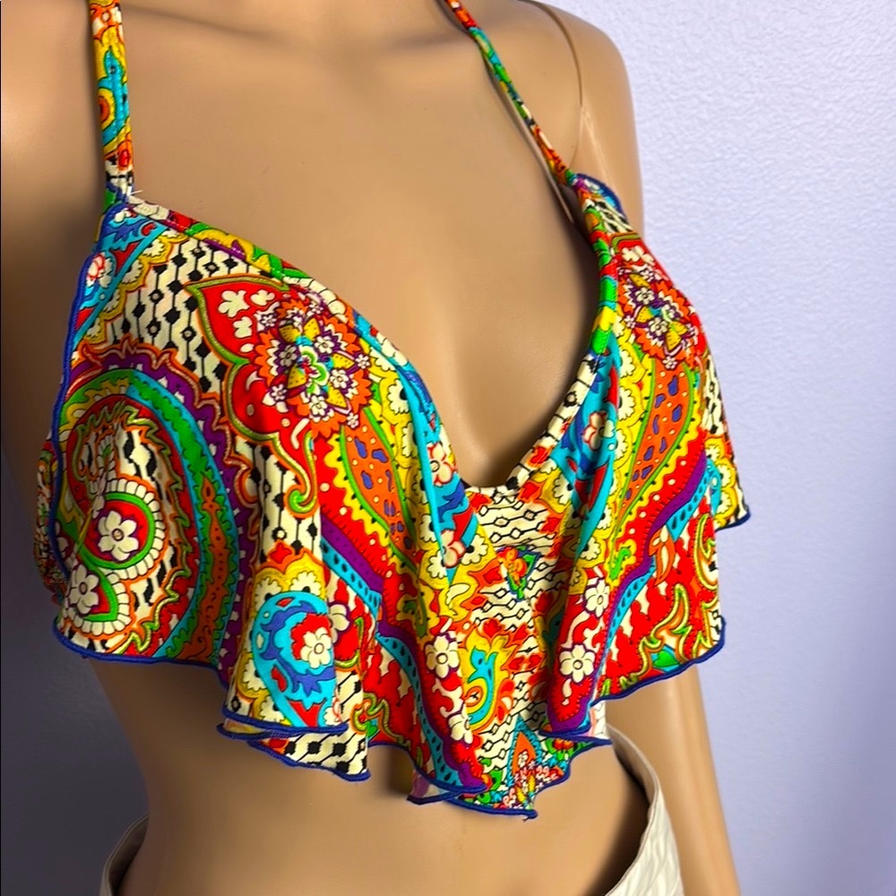 Luli Fama Halter Bathing Suit Cascade Push Up Underwire Waterfall Ruffle Tier